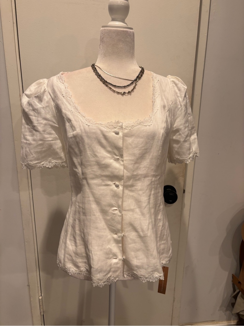 Reformation White Annabella Linen Square-Neck Puff Sleeve Blouse